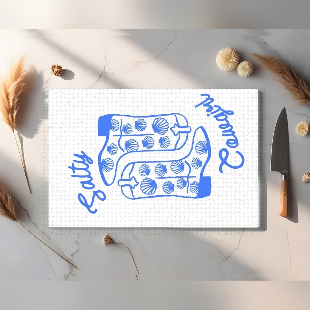 8 X 11 Glass Cutting Board  With Cow Boy Boots In Blue Kitchen Cultery